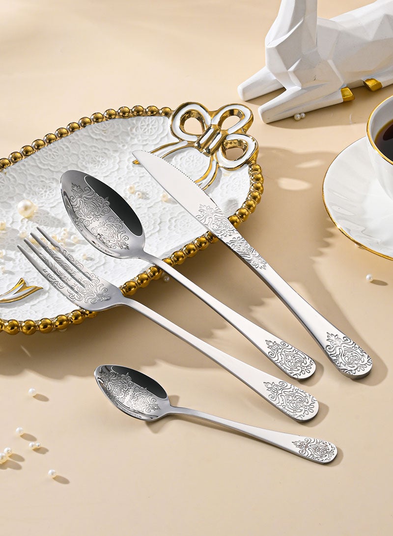 SUNHOME 24-Piece Stainless Steel Cutlery Set Silver, Elegant Floral Embossed Flatware Set for 6 Person, Mirror Polished Food Grade Tableware, Ideal for Home Kitchen, Party and Eid Gift - Image 5